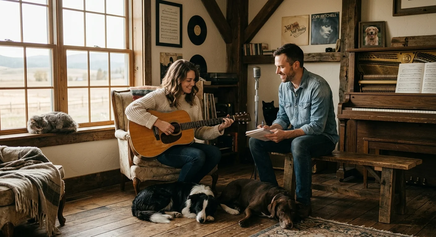 Lily playing guitar and Ryan writing in their Montana studio, surrounded by Scout the Border Collie, Moose the rescue mix, and cats Luna & Shadow